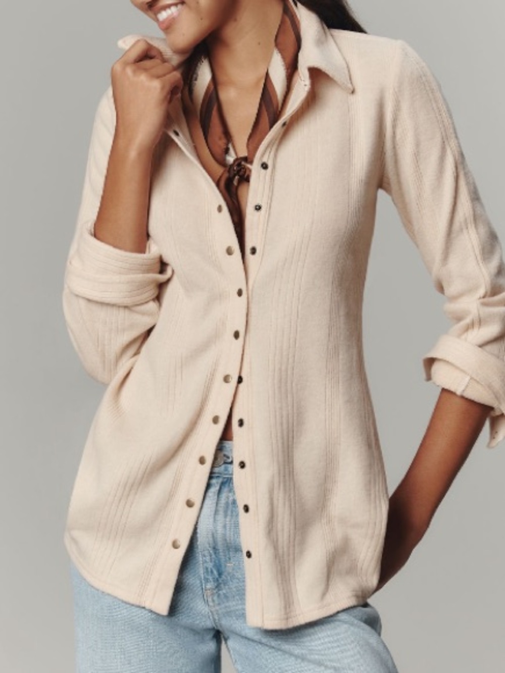 Pilcro Cream Ribbed Brushed Button-Front Cardigan